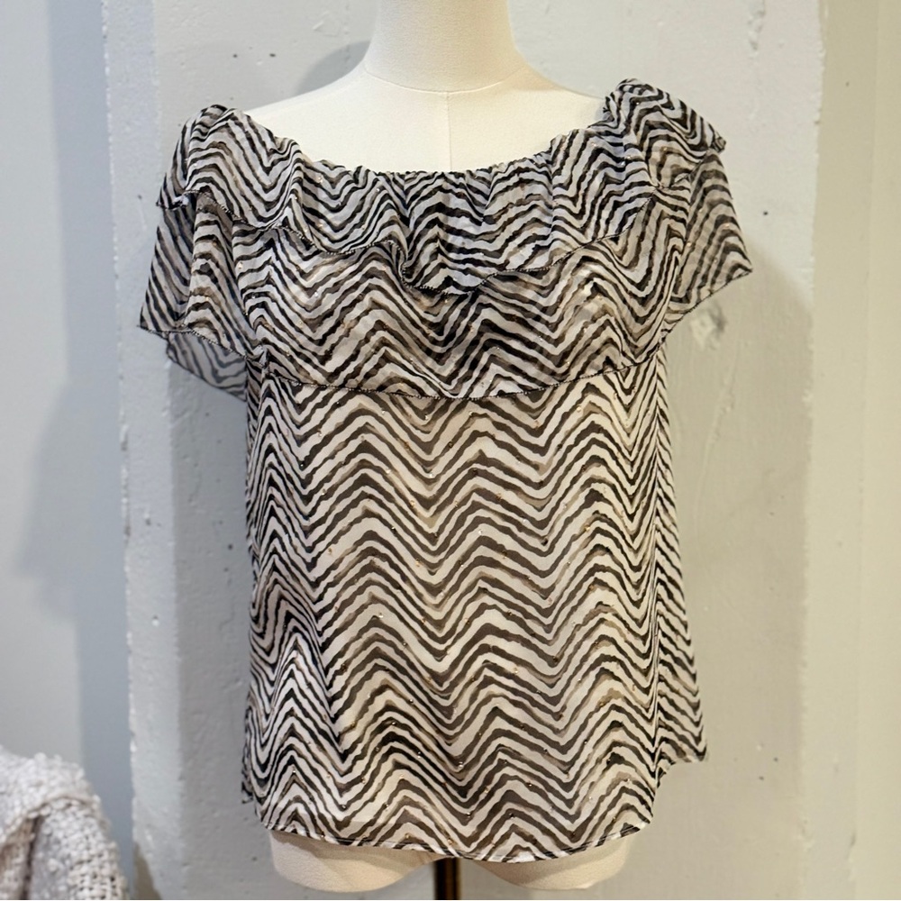 White House Black Market Chevron Off-Shoulder Blouse - Brown, White, and Gold